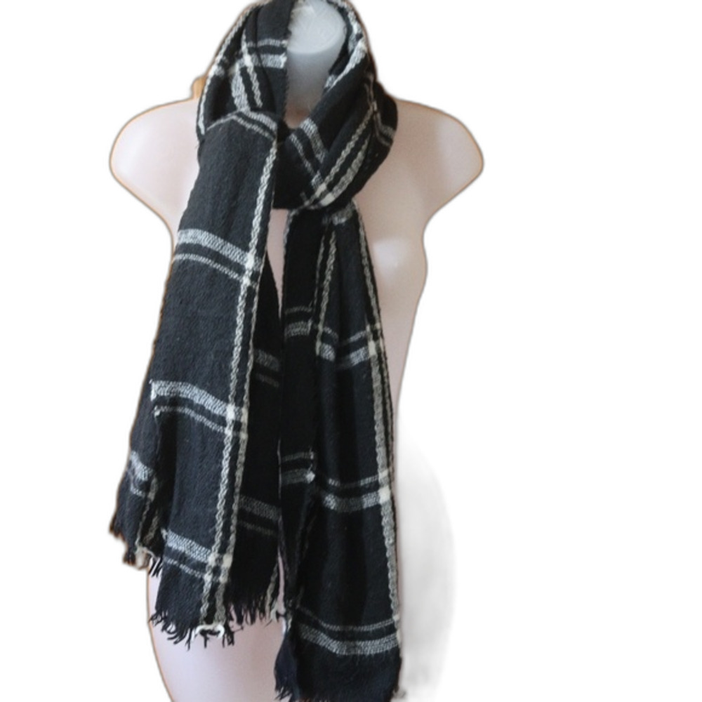 Vintage Window Pane Plaid Blanket Scarf Charcoal Gray Oversized Wrap